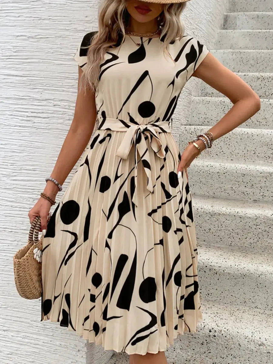 Perfee Tied Pleated Printed Cap Sleeve Dress for Women - Love Salve